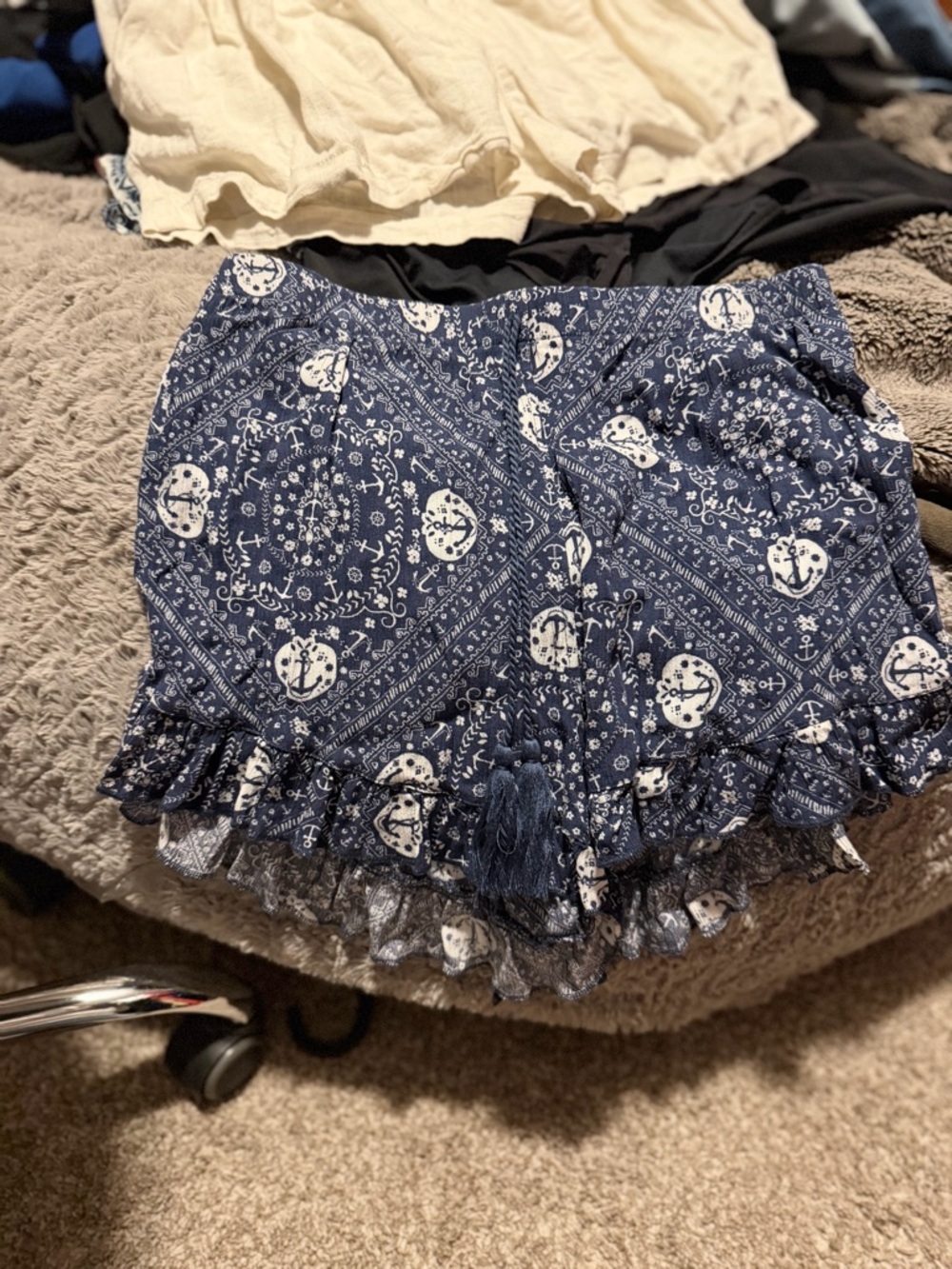 BONGO Navy Blue Printed High-Waist Ruffle Shorts
